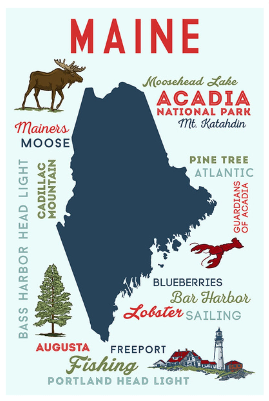 Lantern Press postcard featuring a map of Maine with various locations and icons on a light blue background