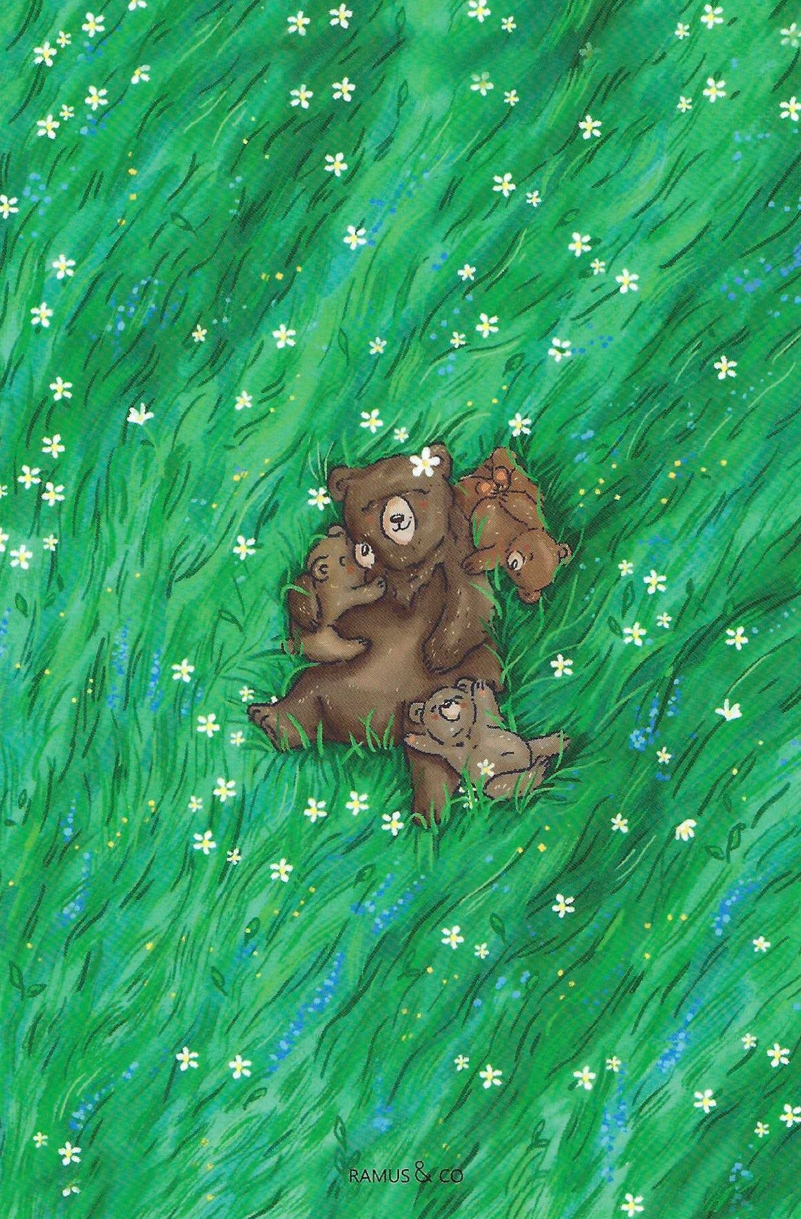 Mama Bear Postcard by Ramus & Company featuring a mother bear and three cubs nestled together in a vibrant green grassy field dotted with small white and blue flowers. 