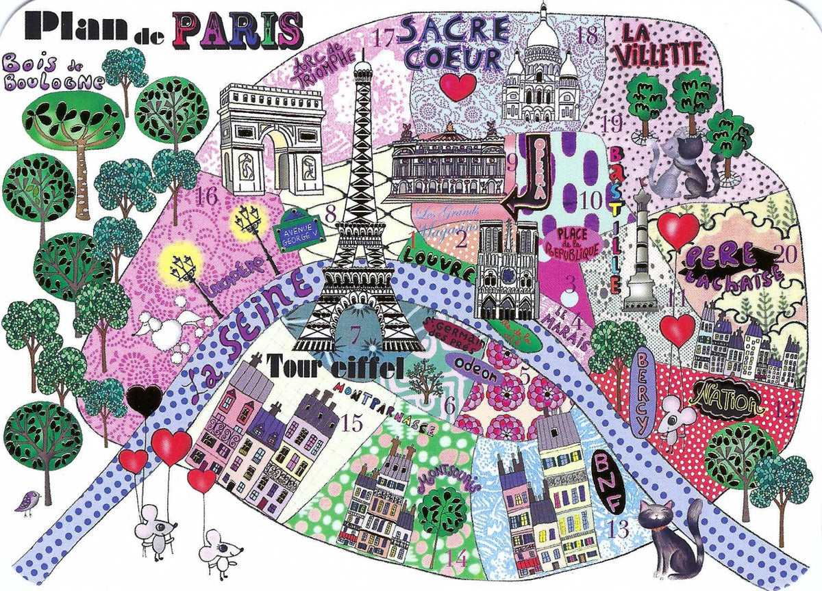 Map of Paris Postcard by Cartes d'Art showing a colorful illustrated map of Paris labeled 'Plan de PARIS' with landmarks such as the Eiffel Tower, Arc de Triomphe, Notre Dame, Louvre, Sacre Coeur, La Villette, and the Seine river, filled with playful doodles, hearts, trees, and patterned sections.