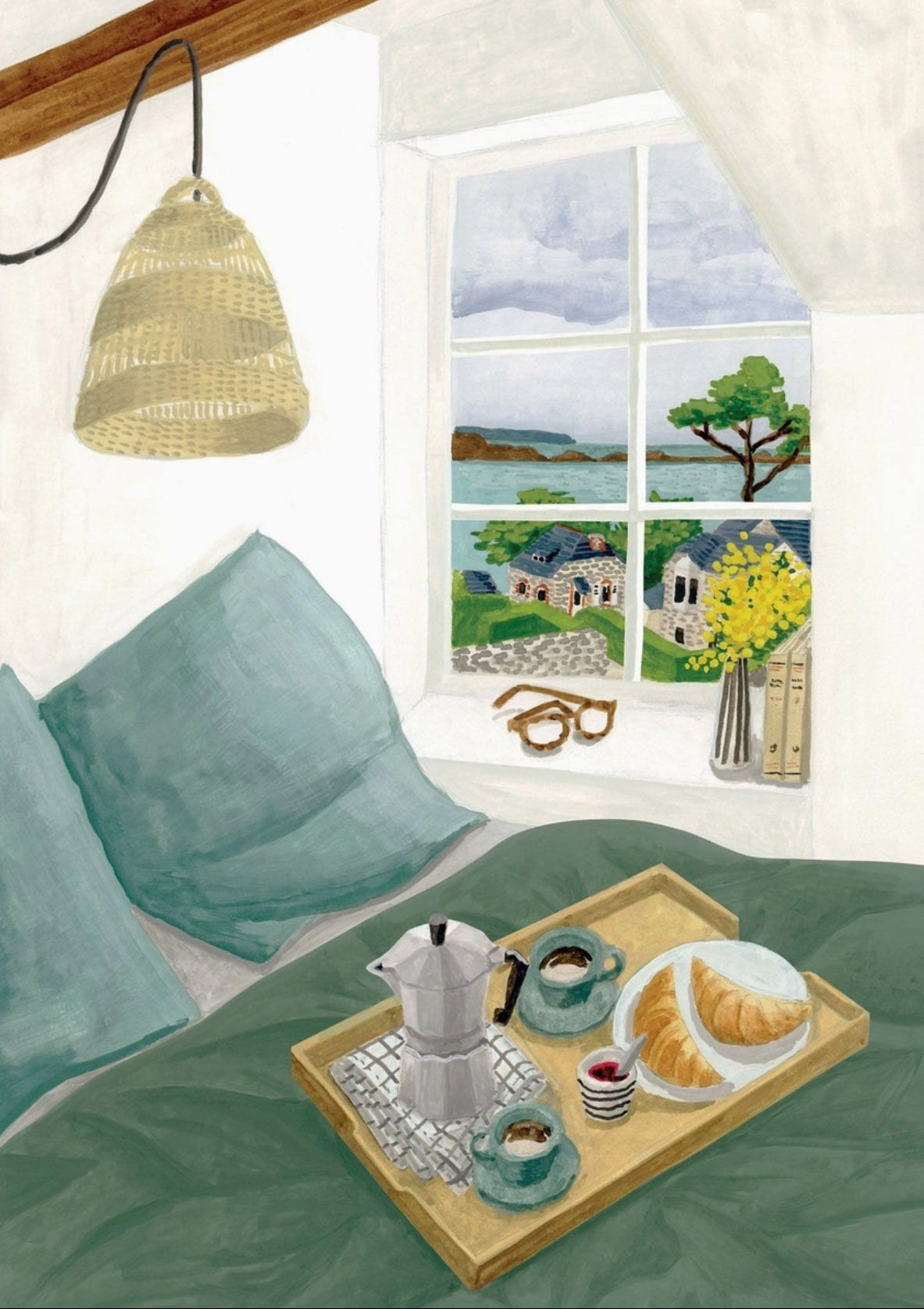 Marine Morning Postcard by Melanie Voituriez featuring a room interior with a bed, tray with coffee and pastries, and window view of a coastal scene.