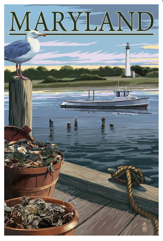 Lantern Press Maryland Postcard featuring an illustration of a coastal scene with a boat, seagull, lighthouse and oysters in Maryland.
