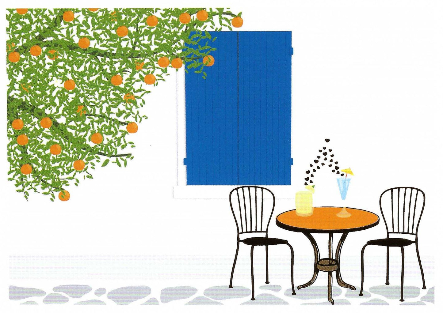 Editor - Art of Emotion Postcard featuring an Illustration of a small outdoor table with chairs, cocktails, a blue shutter, and orange tree.