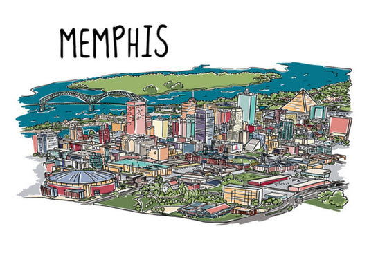 Lantern Press Line Drawing Postcrd featuring an illustration of Memphis, Tennessee with a bridge over water and city buildings.