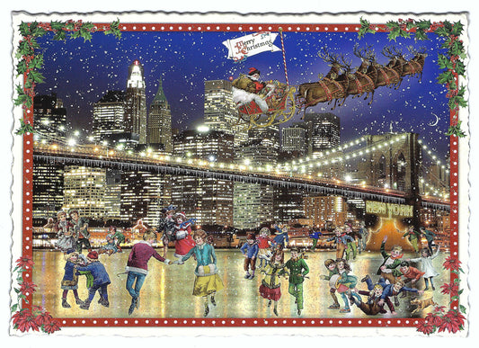 Merry Christmas - New York Brooklyn Bridge Postcard by Edition Tausendschön with Santa Claus, children ice skating, and a city skyline.