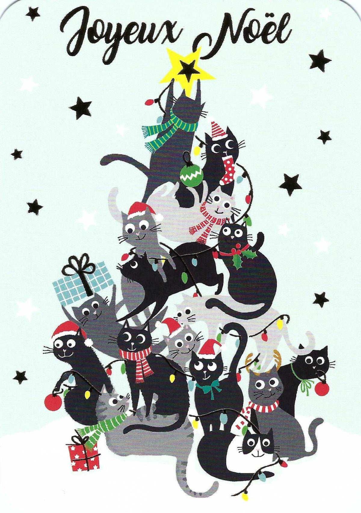 Merry Christmas Cats Postcard by Cartes d'Art featuring a group of black and gray cats wearing red and green holiday scarves and hats, forming a star-topped tree on a pale mint background with scattered gold foil stars. The text 'Joyeux Noel' appears at the top.