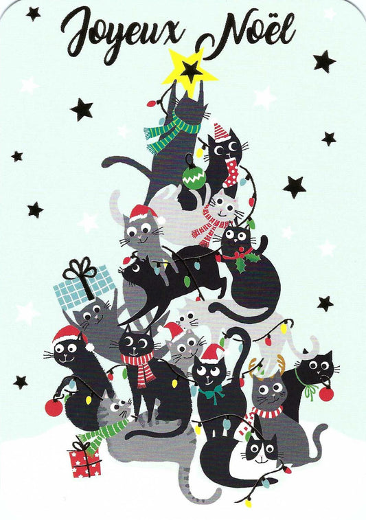 Merry Christmas Cats Postcard by Cartes d'Art featuring a group of black and gray cats wearing red and green holiday scarves and hats, forming a star-topped tree on a pale mint background with scattered gold foil stars. The text 'Joyeux Noel' appears at the top.
