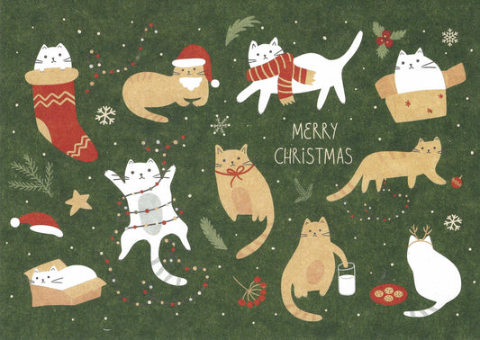 Merry Christmas Cats Postcard by Panka featuring illustrations of cats on a green background.