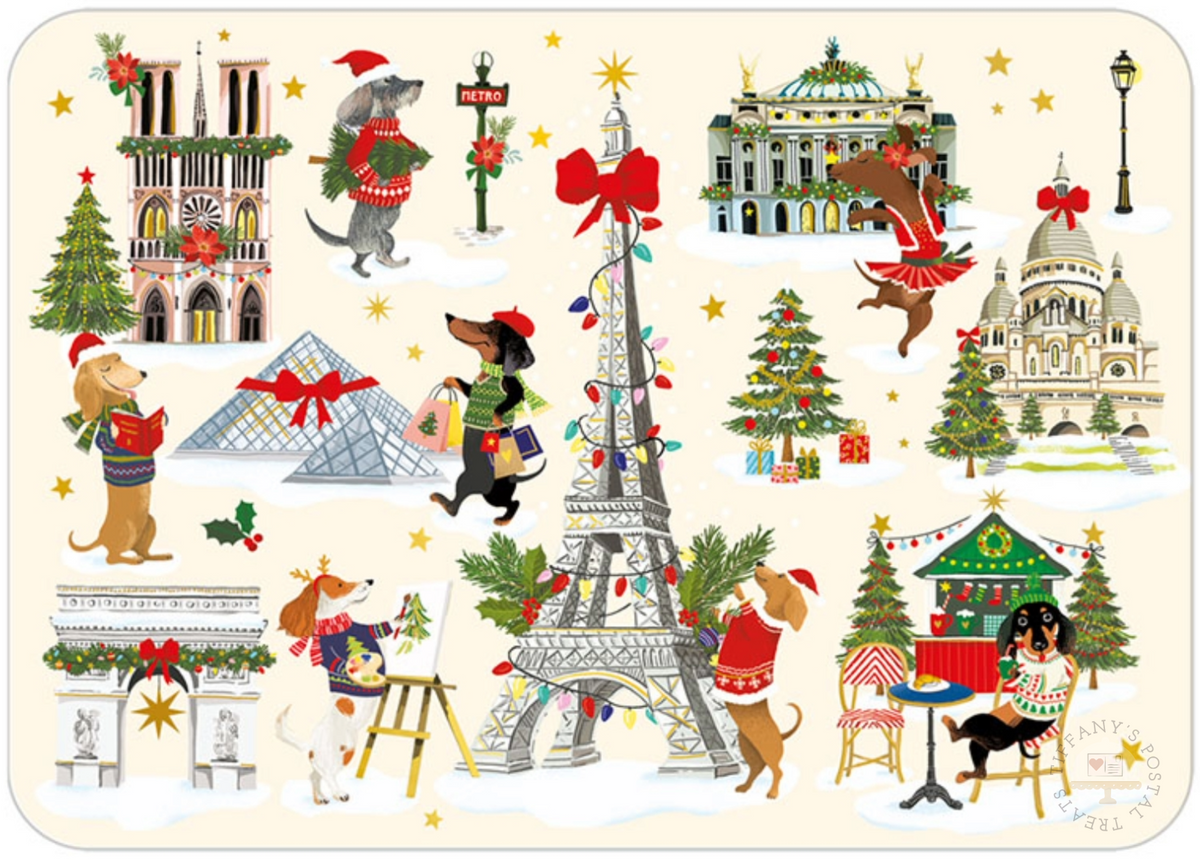 Merry Christmas Dachshunds Postcard by Cartes d'Art featuring festive dachshunds with decorated Paris monuments