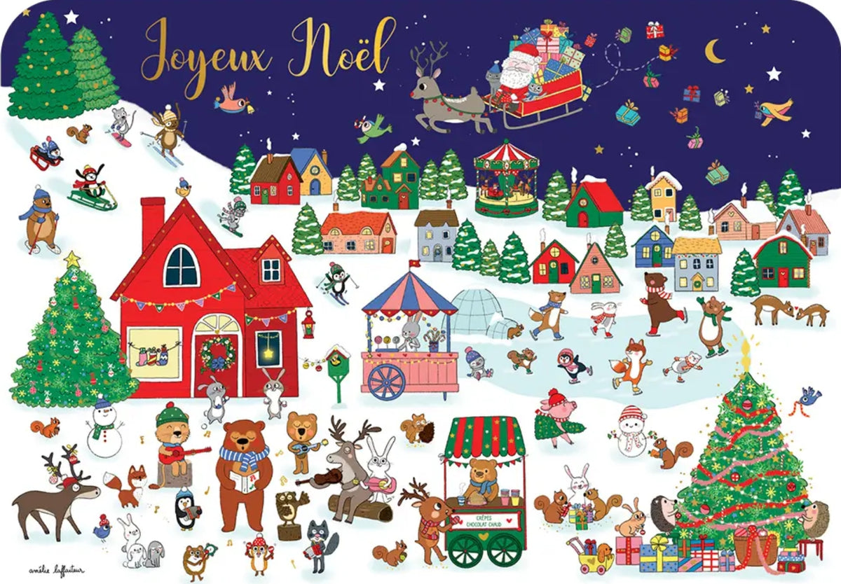 Joyeux Noël Christmas postcard featuring Santa Claus in a festive village scene with reindeer, a decorated Christmas tree, woodland animals, and gold foil details by Amélie Laffaiteur for Cartes d'Art.