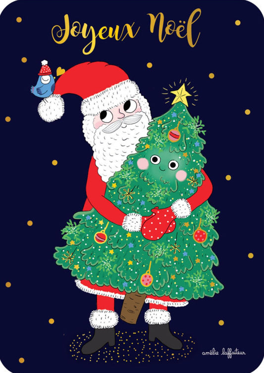 Merry Christmas Postcard by Cartes d'Art featuring a whimsical illustration of Santa Claus hugging a decorated Christmas tree. The card has a dark navy blue background with gold dots and the gold script text 'Joyeux Noel' at the top.