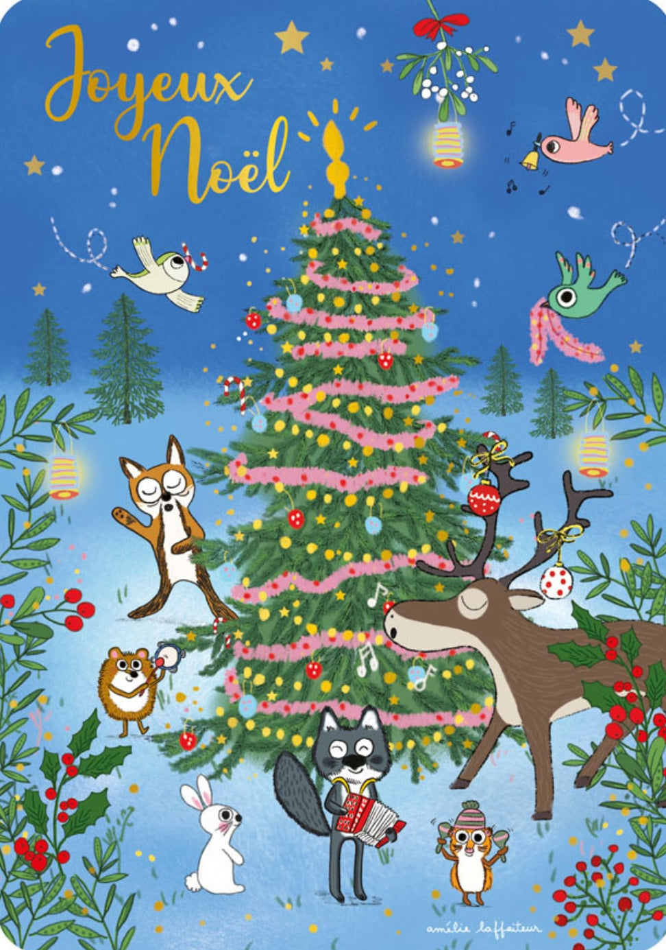 Merry Christmas Postcard by Cartes d'Art featuring a Christmas scene with the words “Joyeux Noel” at the top. A decorated evergreen tree stands in the center, surrounded by animals including a deer, fox, rabbit, owl, squirrel, and birds.