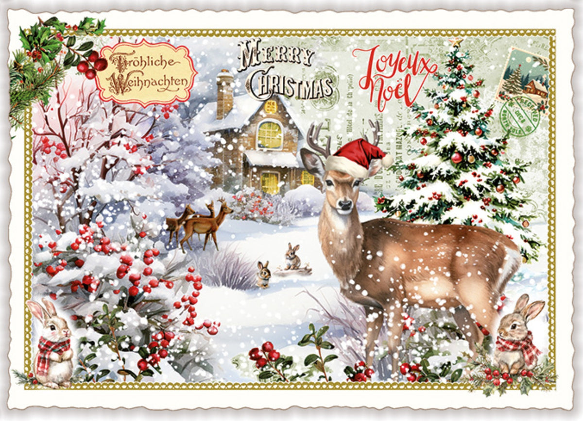 Merry Christmas Postcard by Edition Tausendschön featuring a festive Christmas illustration with a large deer wearing a Santa hat in a snowy landscape, rabbits, evergreen trees, red berries, and the text 'Merry Christmas' and 'Joyeux Noel'.