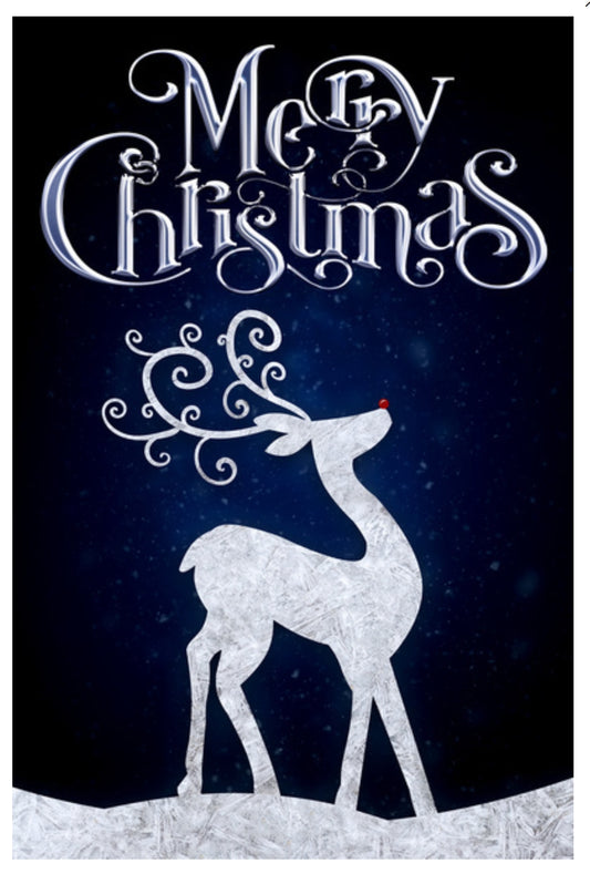 Merry Christmas Reindeer Postcard by Lantern Press featuring a silhouette of a deer with antlers against a dark blue background with 'Merry Christmas' text.