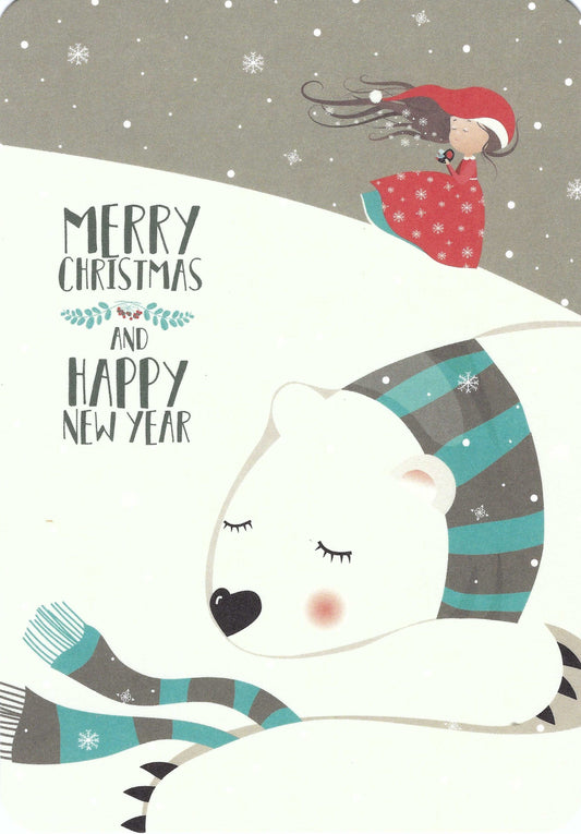 Merry Christmas and Happy New Year Postcard showing a girl in a red dress sitting on a polar bear with 'Merry Christmas and Happy New Year' text.