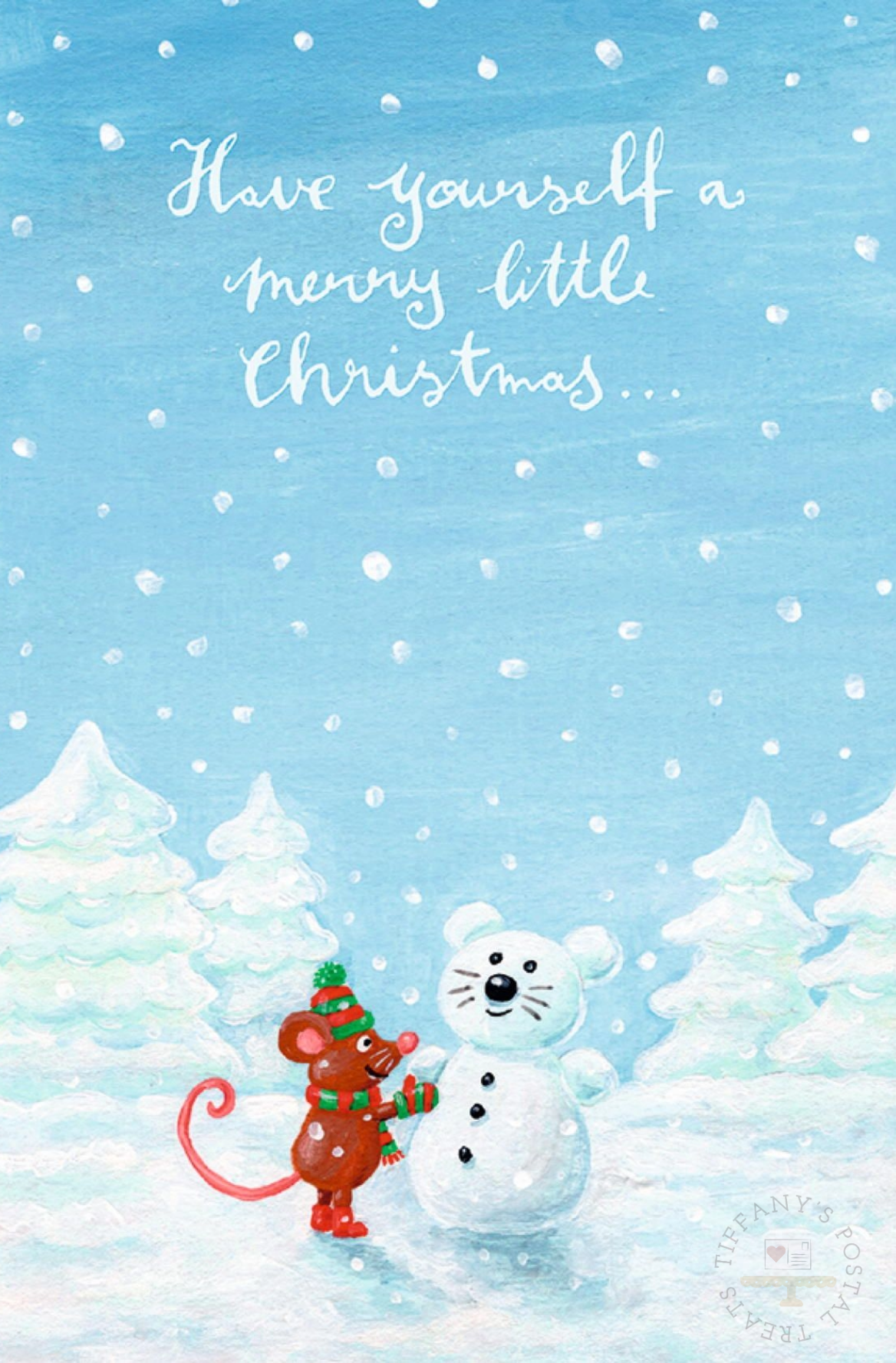 Merry Little Christmas Postcard by Inkognito featuring a mouse building a mouse snowman in a snowy scene with the text 'Have yourself a merry little Christmas.