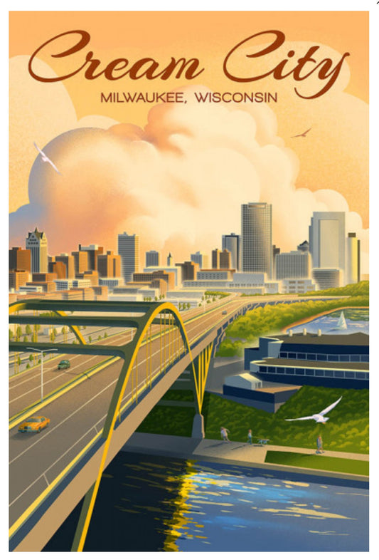 Lantern Press Postcard featuring an illustration of a city skyline with a bridge and 'Cream City' text, featuring Milwaukee, Wisconsin.