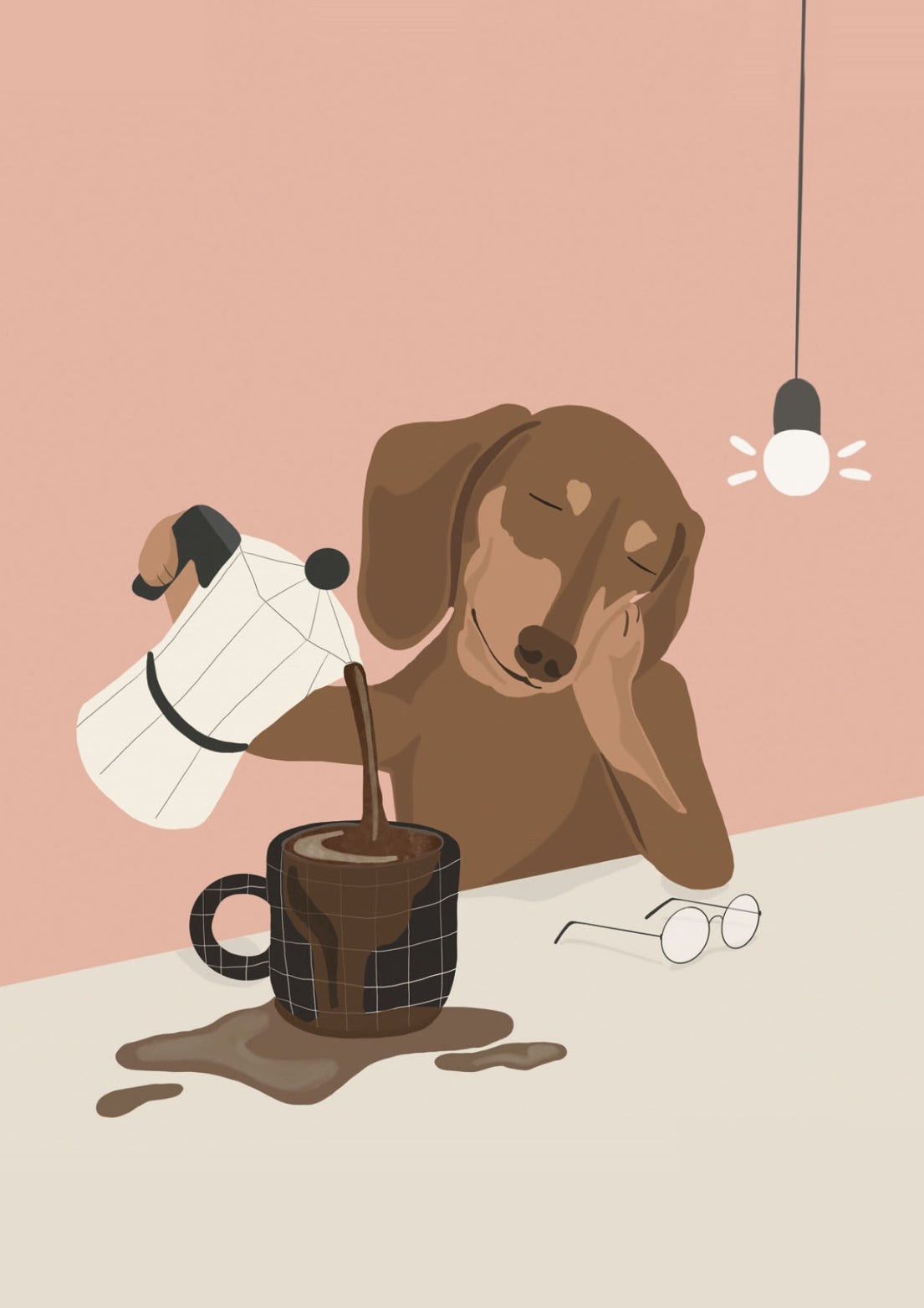 Monday Postcard by Alfie's Greetings for Nobis Design featuring a sleepy brown Dashund dog sitting at a table, pouring hot coffee into a mug, with coffee splashing out. A light bulb hangs above, and a pair of glasses lies on the table.