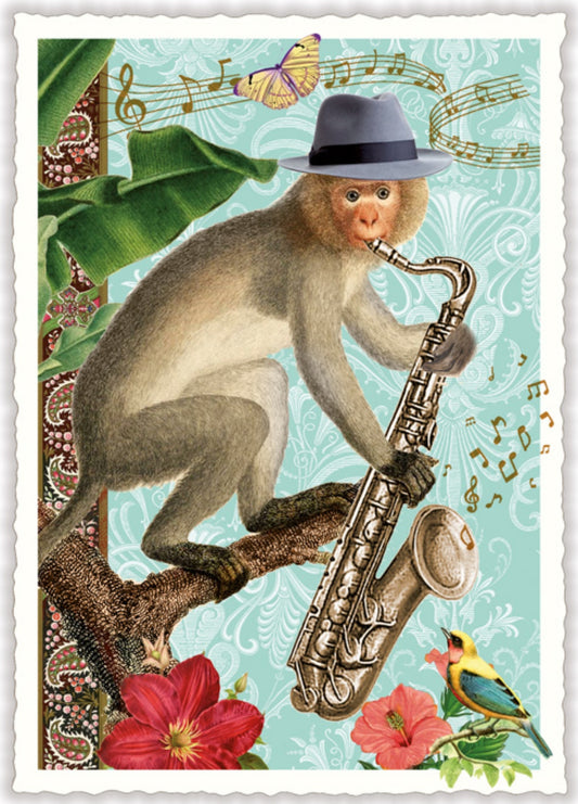 Monkey with Hat Postcard by Edition Tausendschön featuring a monkey playing a saxophone with musical notes and flowers in the background