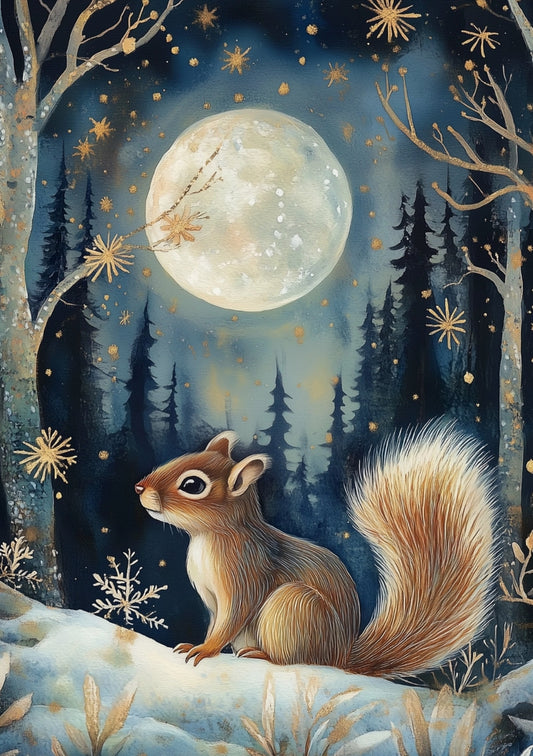 Moonlight Animals Squirrel Postcard by Fripperies featuring a squirrel in a snowy forest under a full moon with stars.