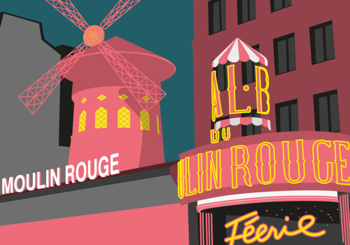 Moulin Rouge, Paris Postcard by Nobis Design featuring a city scene with a pink windmill labeled MOULIN ROUGE, a pink building with yellow signage, and a dark teal sky.