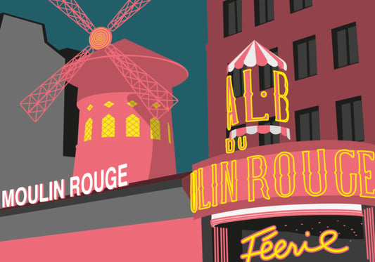 Moulin Rouge, Paris Postcard by Nobis Design featuring a city scene with a pink windmill labeled MOULIN ROUGE, a pink building with yellow signage, and a dark teal sky.