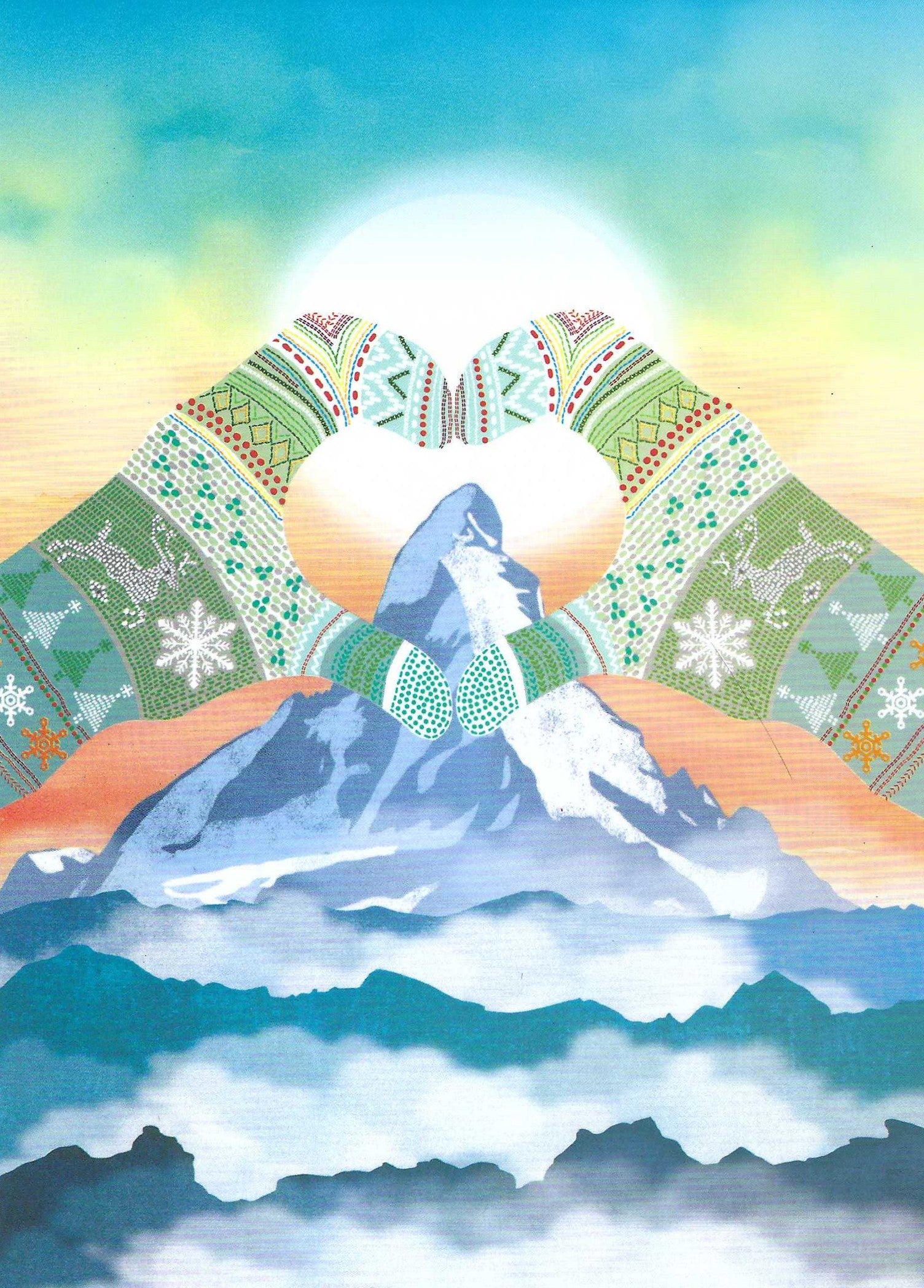Editor - Art of Emotion Postcard featuring a snowy mountain with patterned mittens in a heart shape around it against a colorful sky