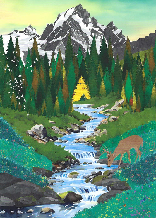Editor - Art of Emotion Postcard featuring a peaceful alpine scene with a deer drinking from a clear mountain stream, surrounded by evergreens, wildflowers, and a snow‑capped peak glowing in the distance.