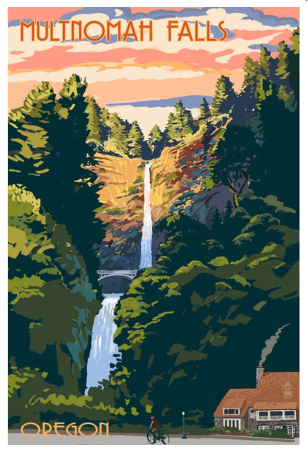 Lantern Press Postcard featuring an illustration of Multnomah Falls in Oregon with a waterfall and surrounding trees.