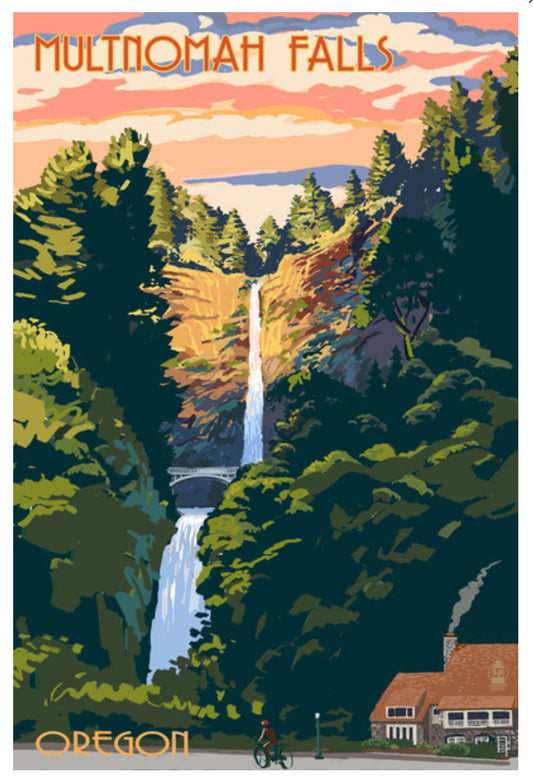 Lantern Press Postcard featuring an illustration of Multnomah Falls in Oregon with a waterfall and surrounding trees.