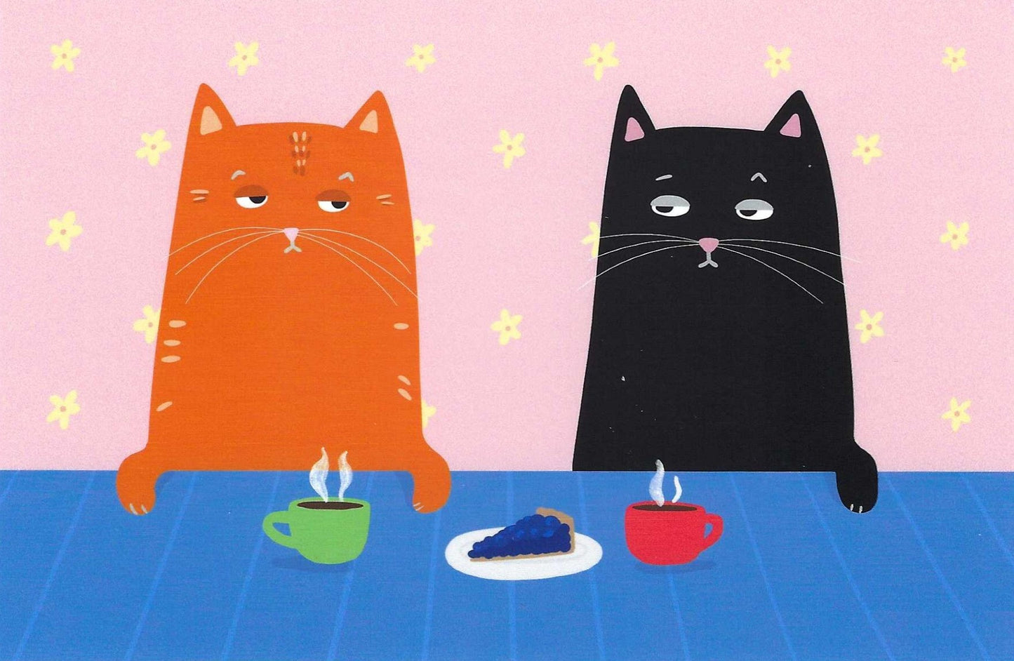 Mürri - Coffee with Friends Postcard by Das Brooklyn featuring two cats sitting at a table: an orange cat on the left and a black cat on the right, each with a steaming cup of coffee in front of them.
