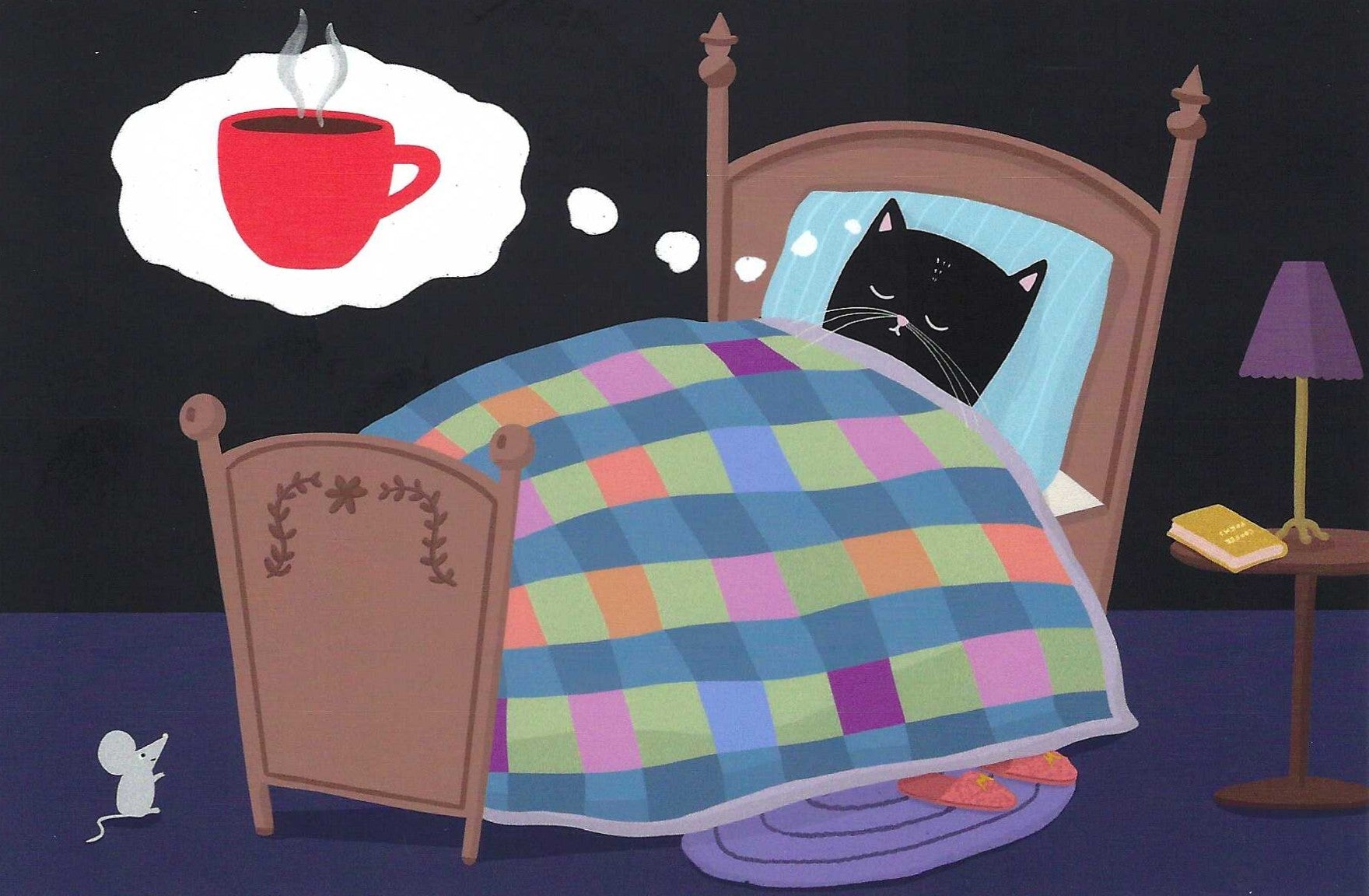Mürri Dreams of Coffee Postcard by Das Brooklyn featuring a black cat sleeping in a wooden bed with a colorful plaid blanket, dreaming of a red coffee cup, while a small white mouse sits nearby in a dark room with a purple lamp.