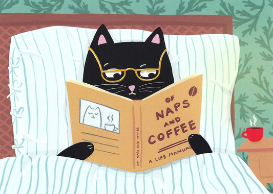 Mürri Naps and Coffee Postcard by Das Brooklyn featuring an illustration of a black cat wearing glasses, reading a book titled 'Of Naps and Coffee' in bed.