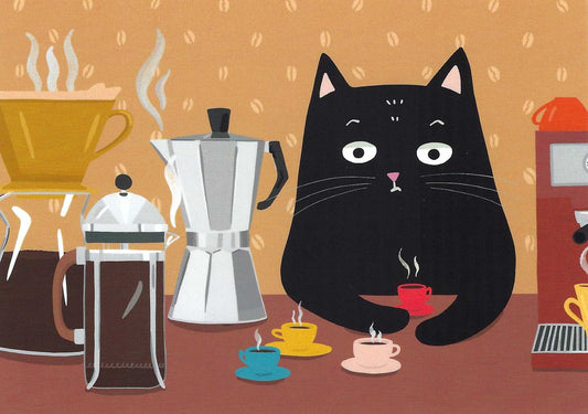 Das Brooklyn Postcard - Mürri Needs Coffee featuring an illustration of a black cat surrounded by coffee-making equipment and cups on a warm-toned background.