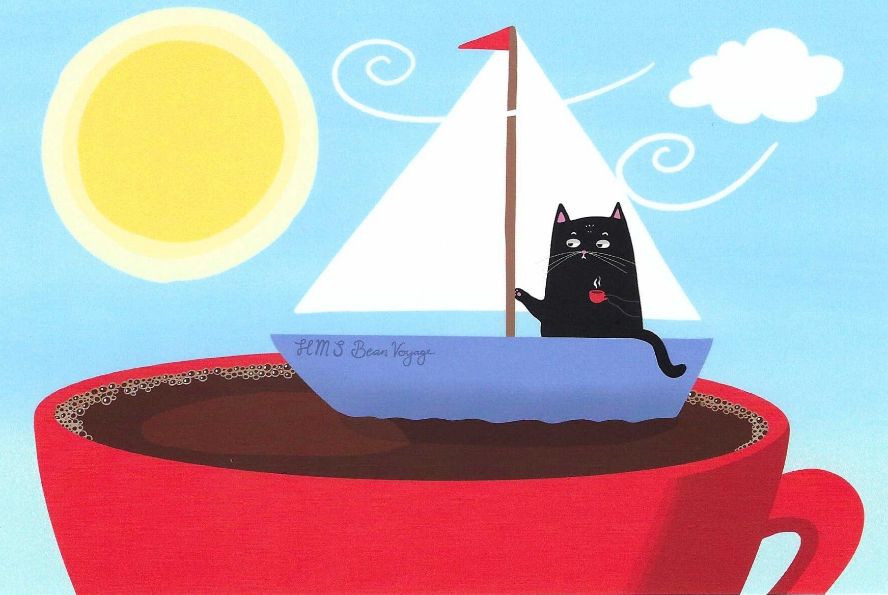 Mürri Sails the Caffeine Seas Postcard by Das Brooklyn featuring a black cat sitting in a small sailboat on a large red coffee mug, with a yellow sun, white cloud, and blue sky in the background.