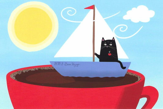 Mürri Sails the Caffeine Seas Postcard by Das Brooklyn featuring a black cat sitting in a small sailboat on a large red coffee mug, with a yellow sun, white cloud, and blue sky in the background.