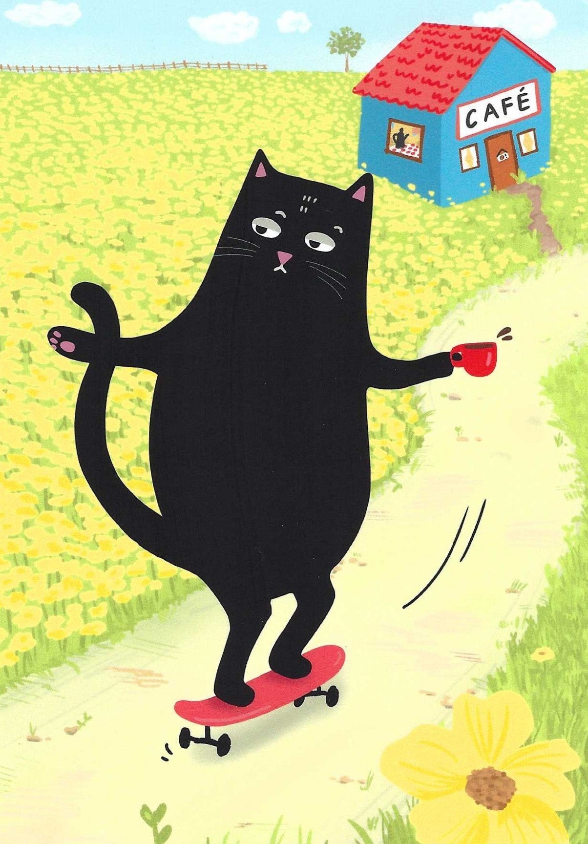 Mürri Skateboard and Coffee Postcard by Das Brooklyn featuring a black cat on a skateboard with a coffee cup, passing a blue café in a colorful landscape.