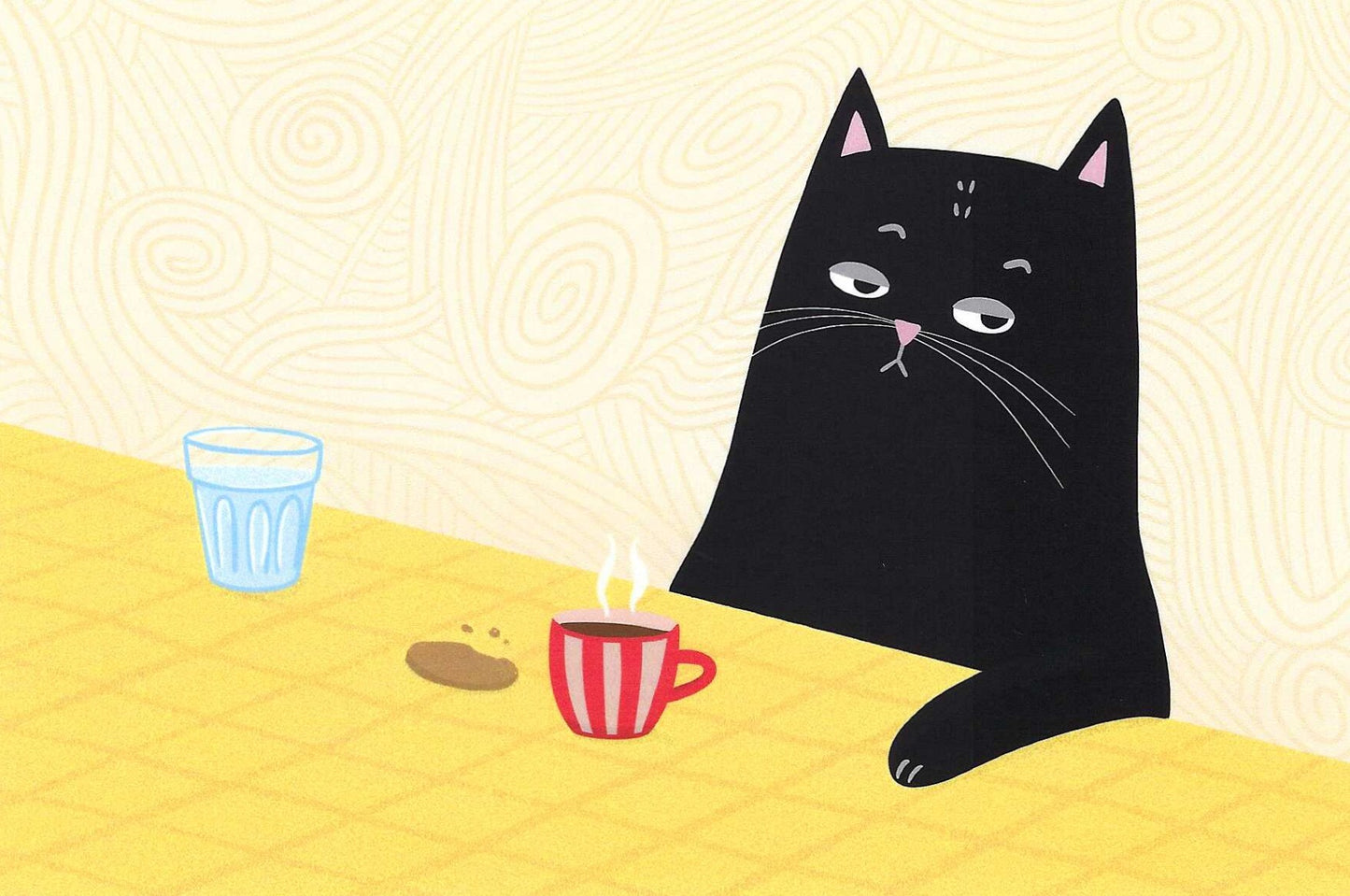 Mürri and the First Cup of Coffee Postcard by Das Brooklyn featuring a black cat sitting at a yellow table, looking tired beside a red-and-white striped coffee cup.