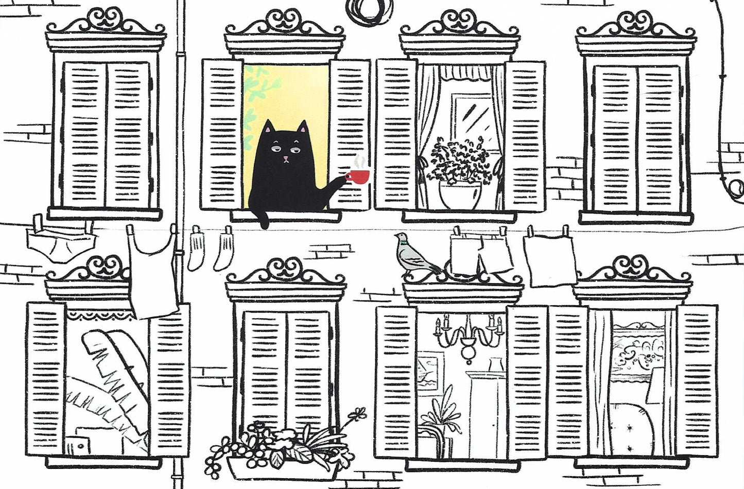 Mürri at the Window Postcard by Das Brooklyn featuring a black and white line art illustration of a cat sitting in one of several shuttered windows, holding a small red cup of coffee. The scene includes drawn curtains, plants, laundry hanging on a line, and a bird perched on a window ledge.