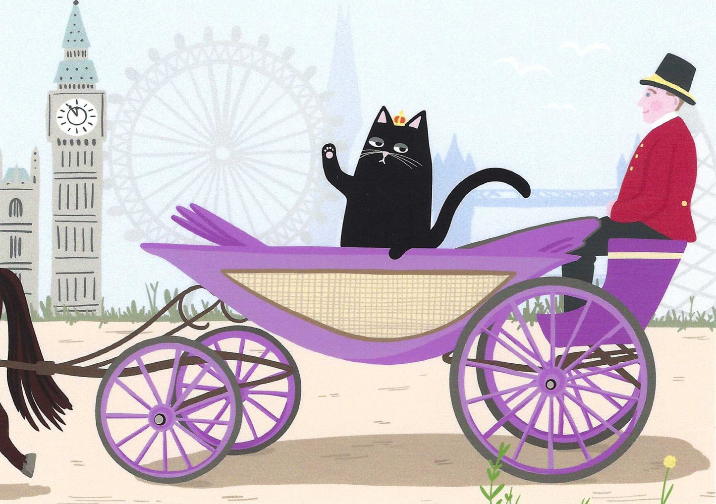 Mürri in England Cat Postcard by Das Brooklyn featuring an illustration of a black cat in a purple carriage with a man in a red coat, Big Ben in the background