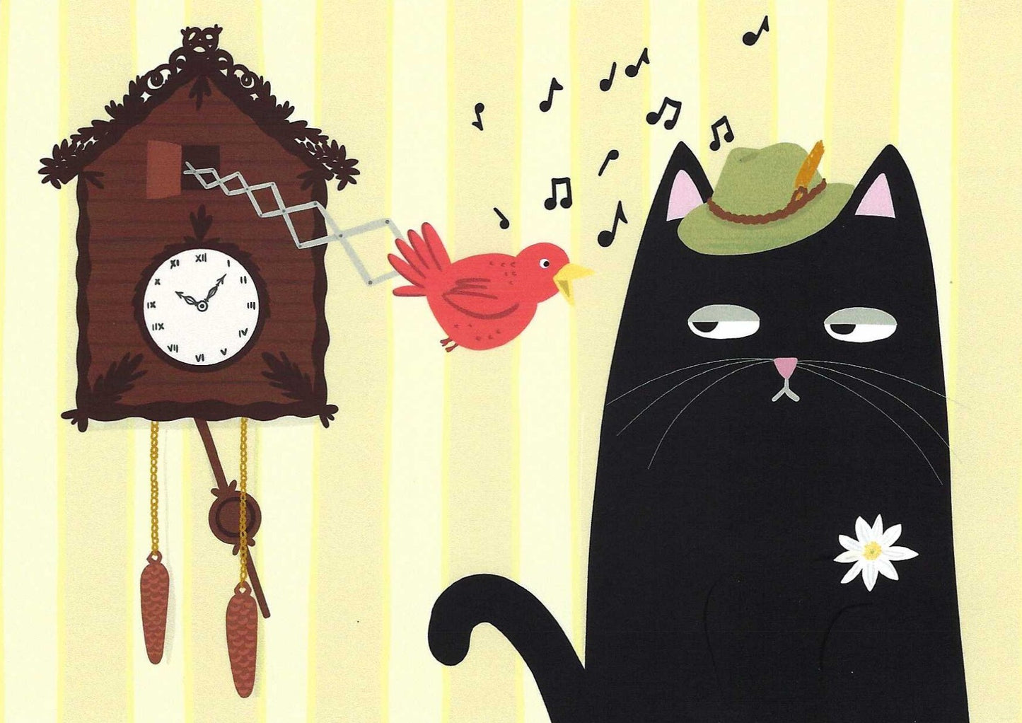 Mürri in Germany Cat Postcard by Das Brooklyn featuring an illustration of a black cat wearing a green hat and a cuckoo clock on a yellow background.