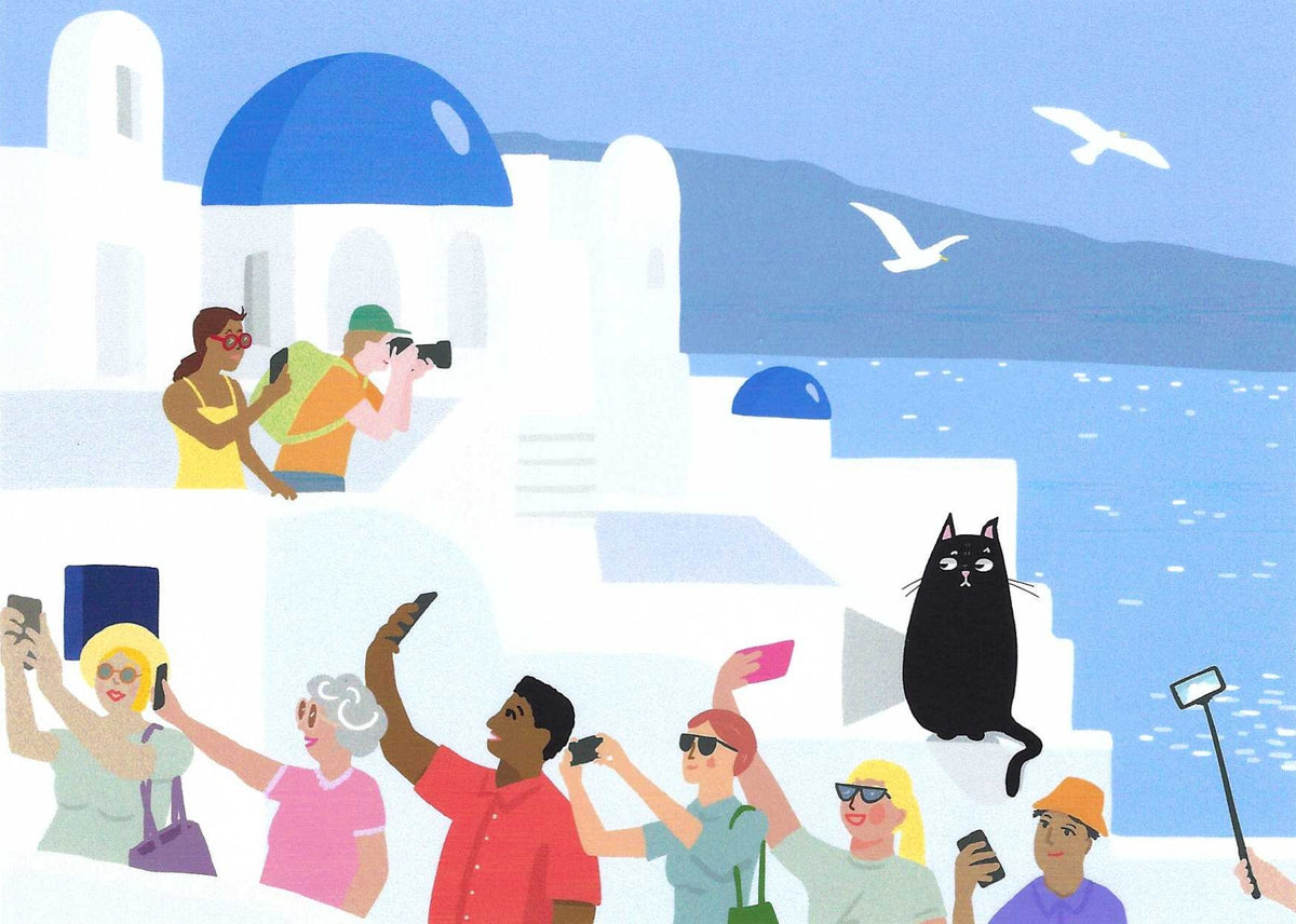 Mürri in Greece Cat Postcard by Das Brooklyn featuring an illustration of people in Santorini taking photos with a black cat in front of a blue-domed building.