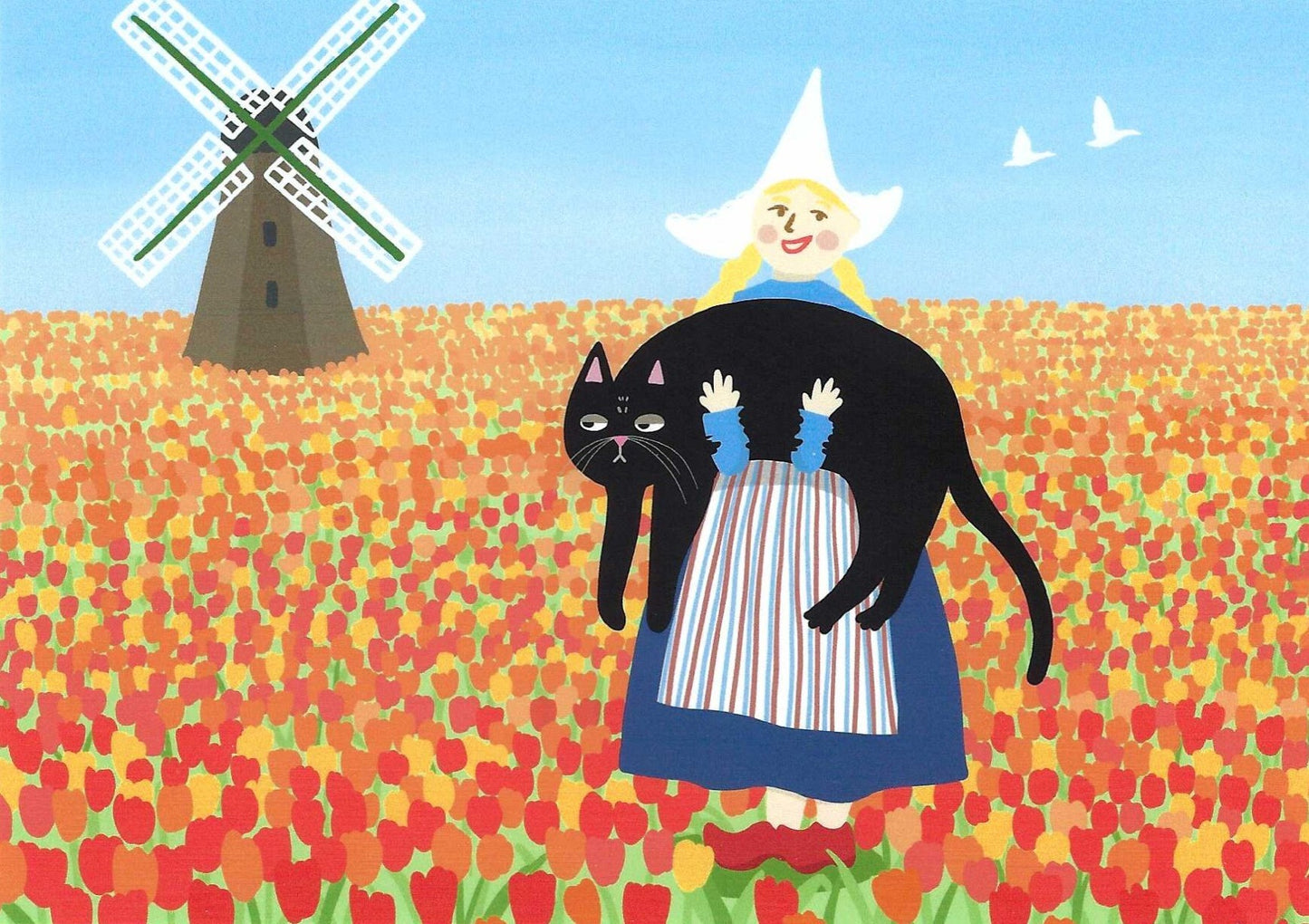 Mürri in Holland Cat Postcard by Das Brooklyn featuring a Dutch girl with a black cat in a tulip field with a windmill in the background