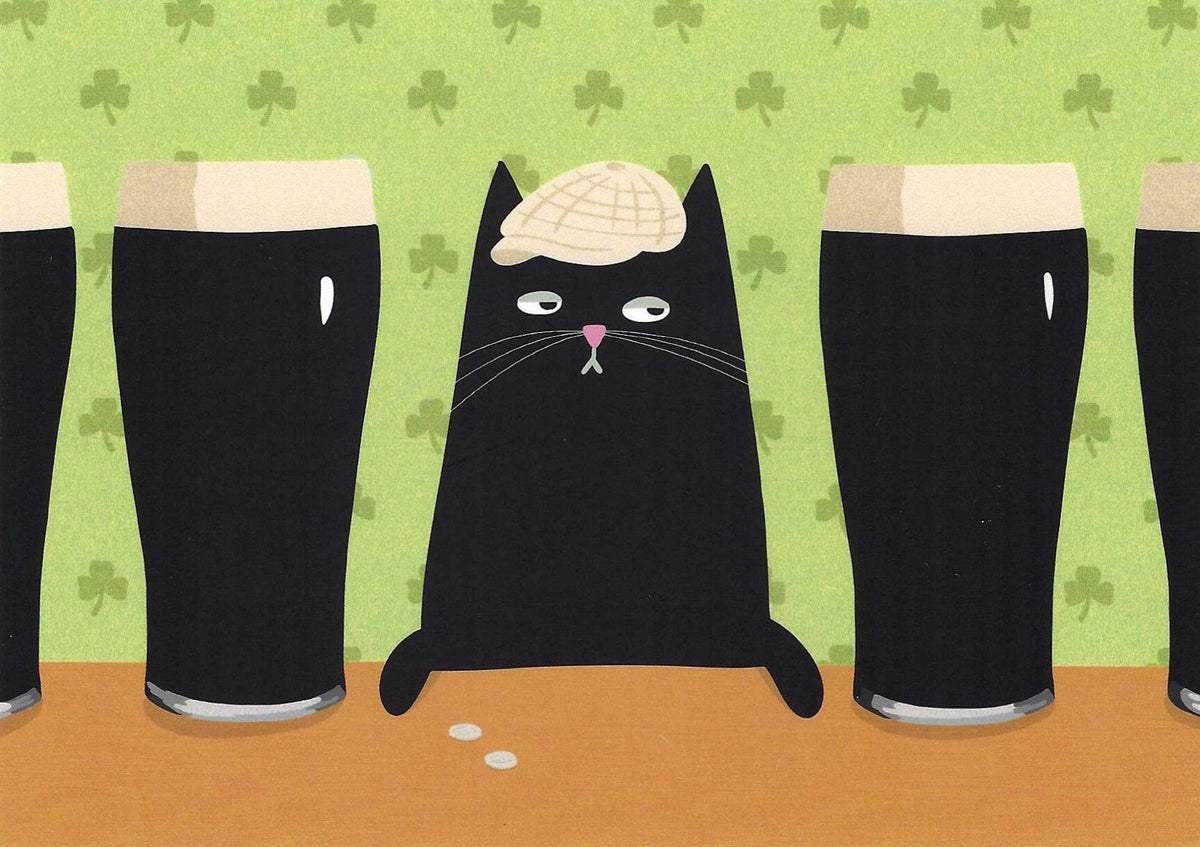 Mürri in Ireland Cat Postcard by Das Brooklyn featuring an illustration of a black cat with a hat between four dark beers on a green background with shamrock pattern.