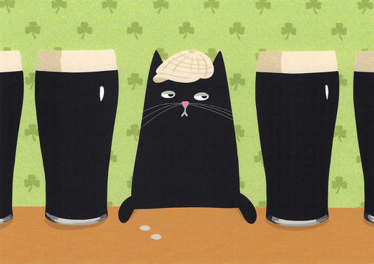 Mürri in Ireland Cat Postcard by Das Brooklyn featuring an illustration of a black cat with a hat between four dark beers on a green background with shamrock pattern.