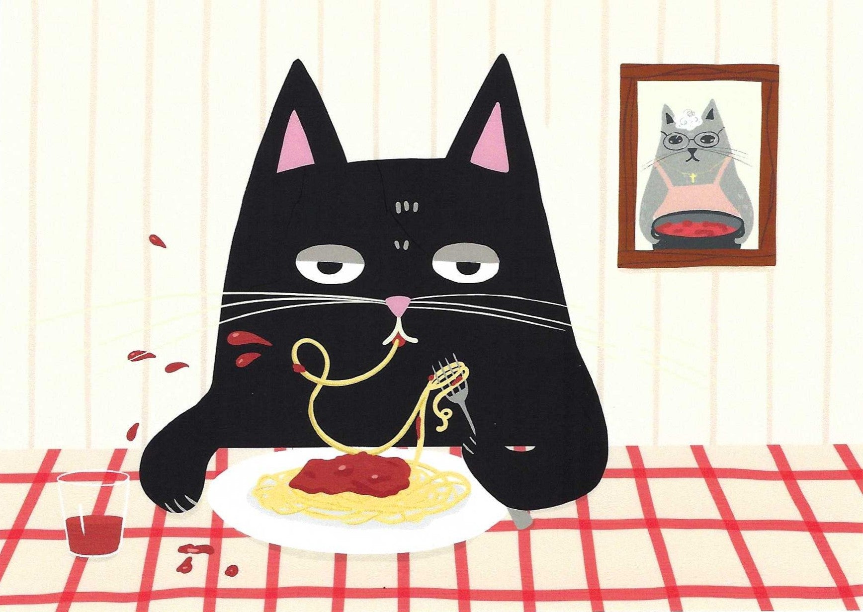 Mürri in Italy Cat Postcard by Das Brooklyn featuring an illustration of a black cat eating spaghetti on a checkered tablecloth with a framed picture of another cat in the background.