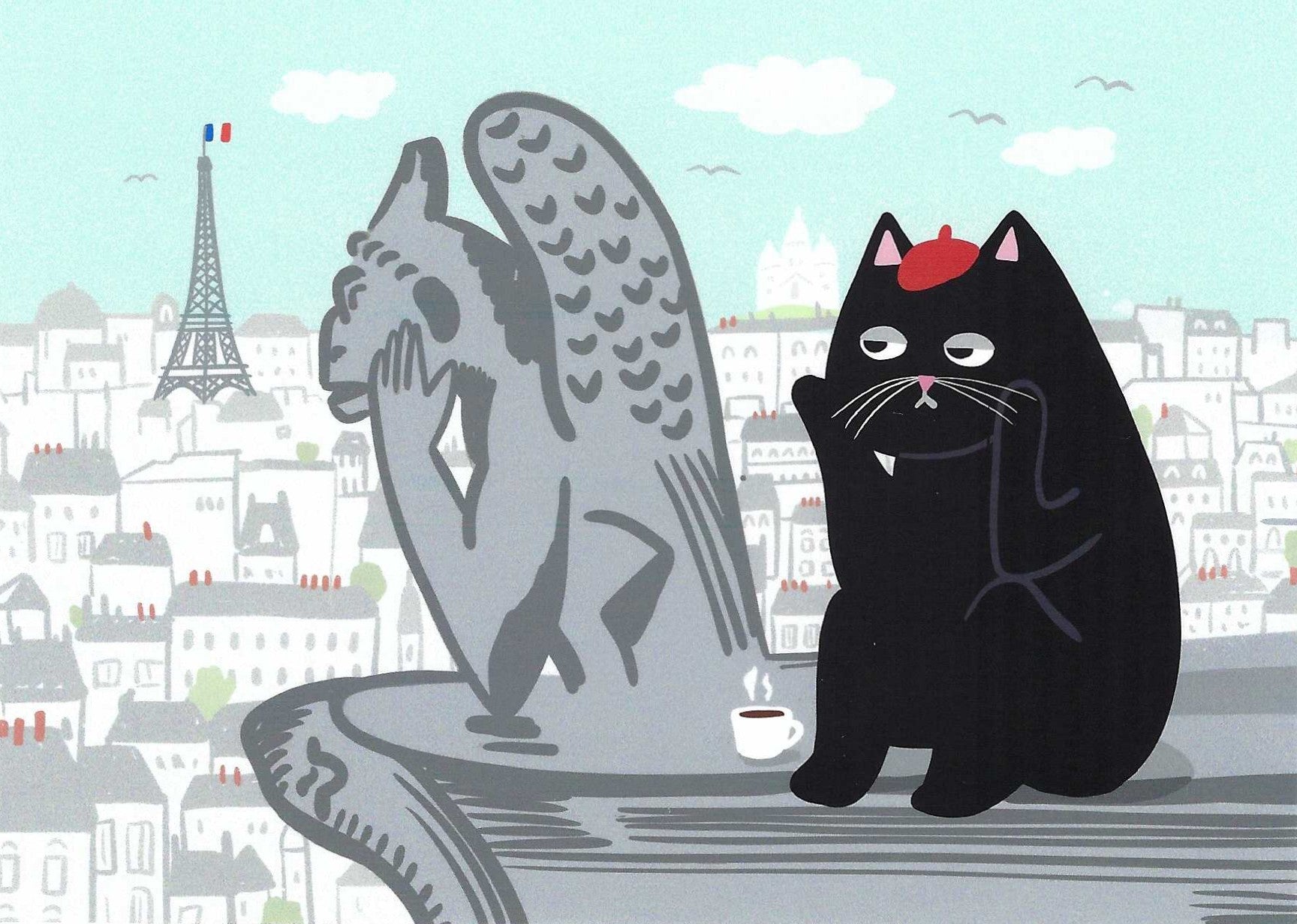 Mürri in Paris Cat Postcard by Das Brooklyn featuring a black cat with red beret sitting on top of Notre Dame next to a gargoyle with Eiffel Tower in the background