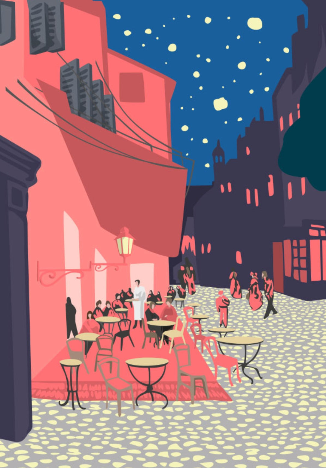 Café Terrace at Night, van Gogh Postcard by Nobis Design featuring an illustration of a street scene with people at outdoor cafe tables at night.
