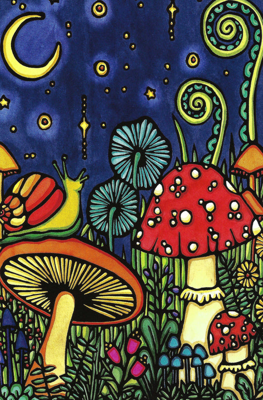 Mushrooms - Snail Postcard by Sarah Angst Art featuring a colorful illustration of mushrooms, a snail, and flowers under a starry night.