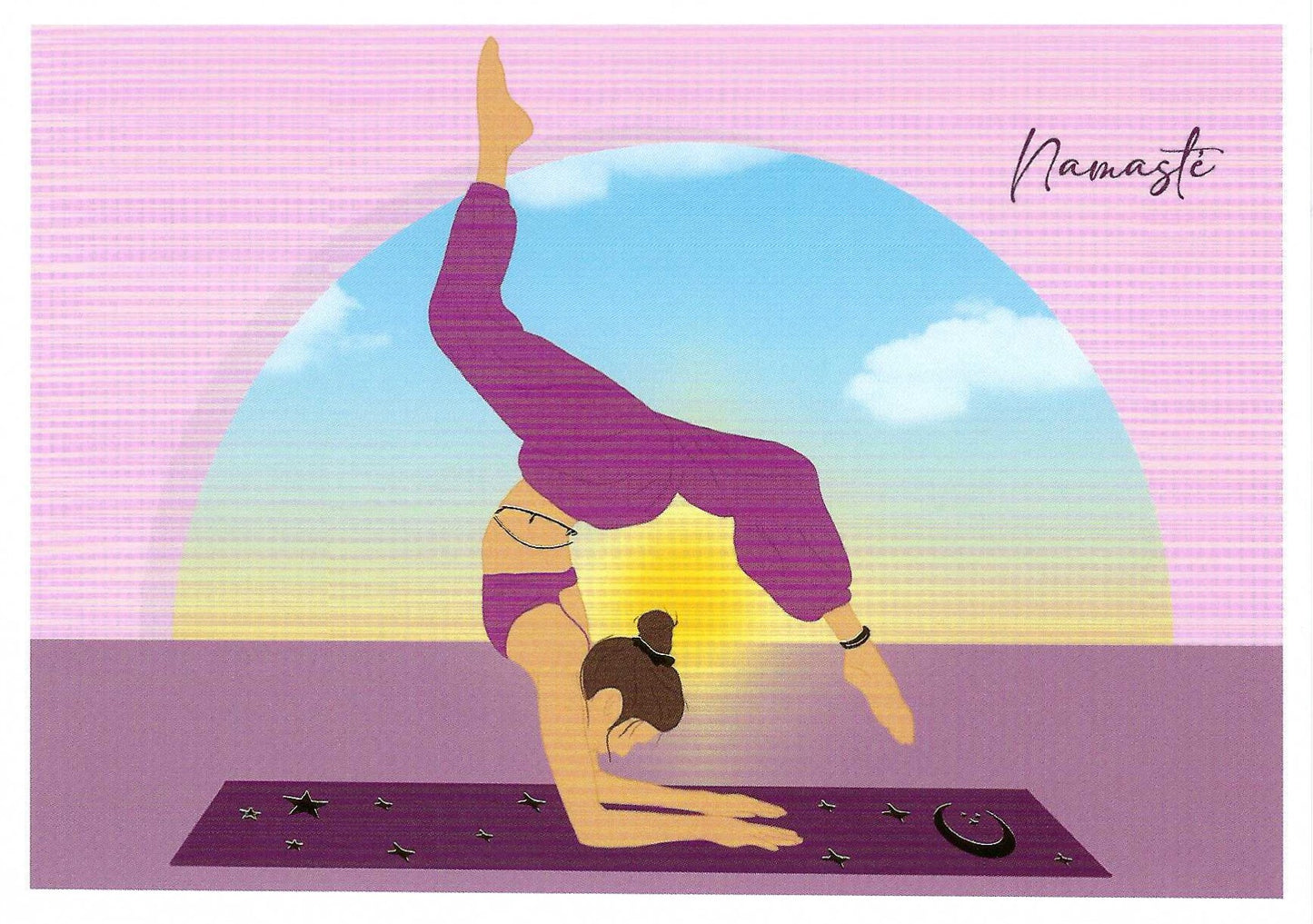 Editor - Art of Emotion postcard featuring a person doing a handstand on a yoga mat with a colorful sky and 'Namasté' text.