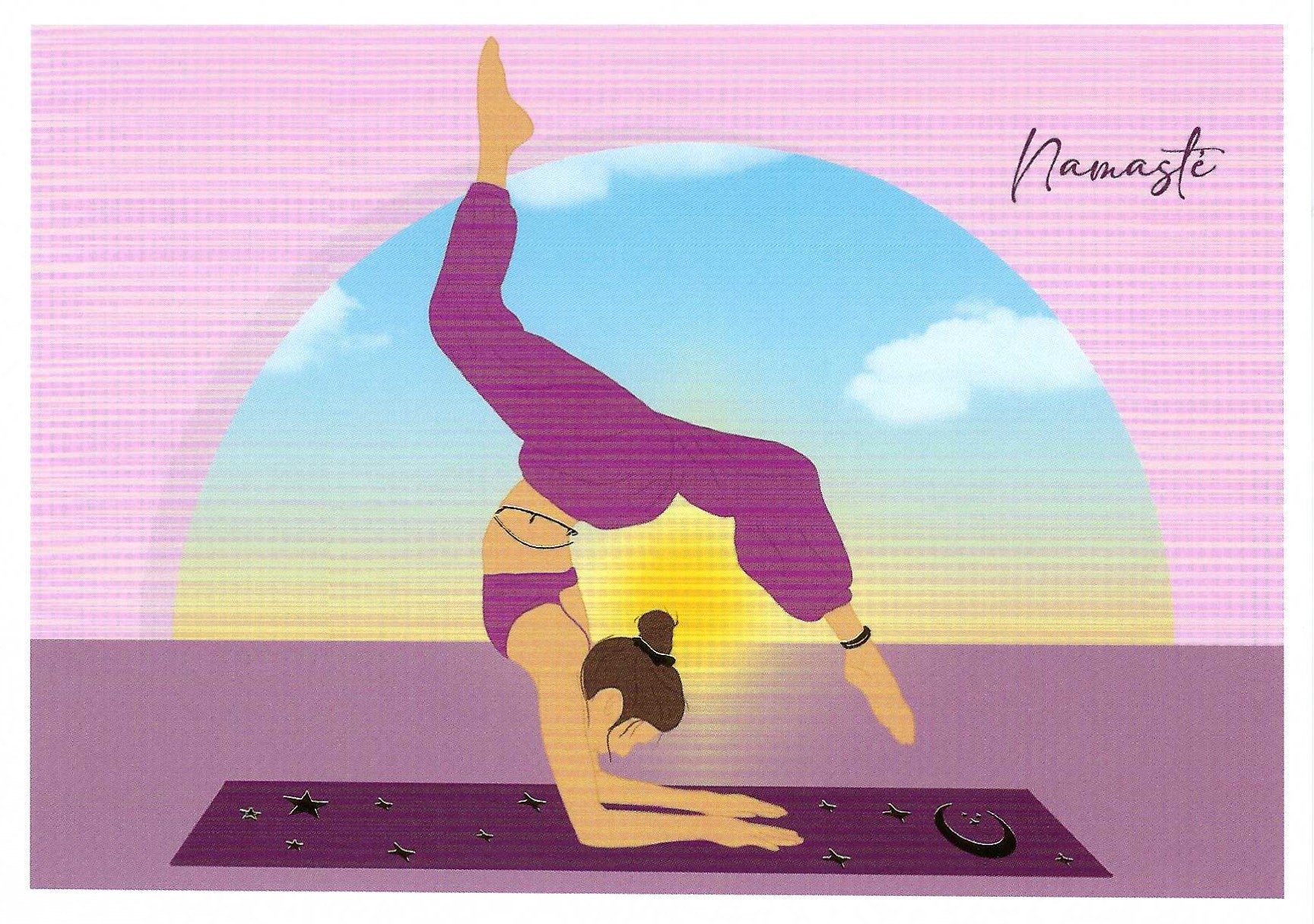 Editor - Art of Emotion postcard featuring a person doing a handstand on a yoga mat with a colorful sky and 'Namasté' text.